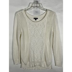Apt 9 Open Knit Crochet Lace Detail Pullover Soft Light-Weight Sweater Ivory Med